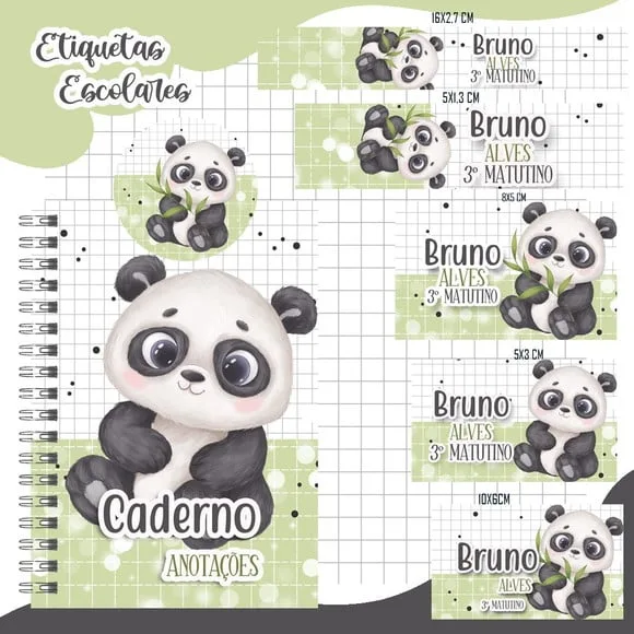 Caderno + Etiquetas + Tag Personalizada + Lápis ( Panda )