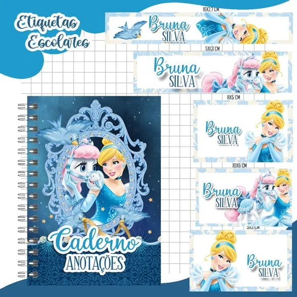 Caderno + Etiquetas + Tag Personalizada + Lápis (cinderela )