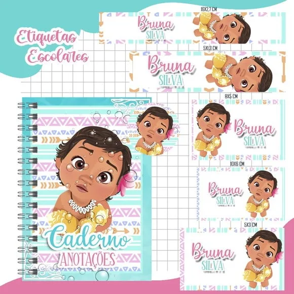 Caderno + Etiquetas + Tag Personalizada + Lápis ( Moana )