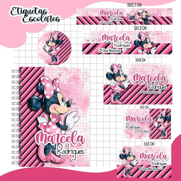 Caderno + Etiquetas + Tag Personalizada + Lápis ( Minnie)