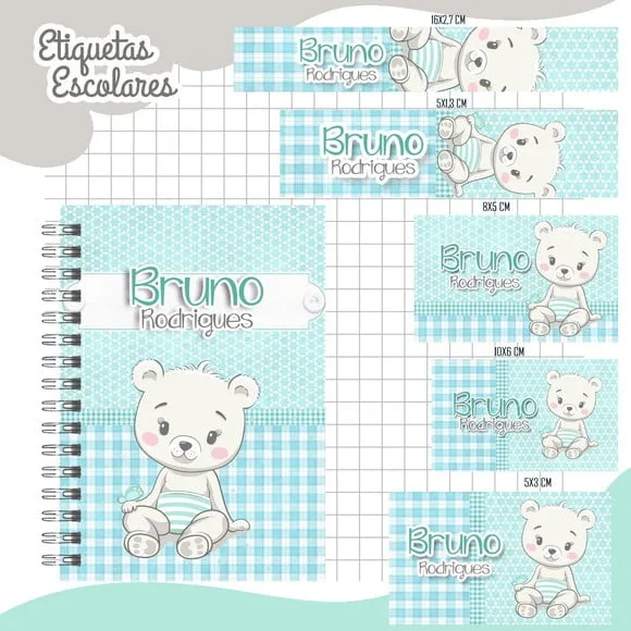 Caderno + Etiquetas + Tag Personalizada + Lápis ( Urso )