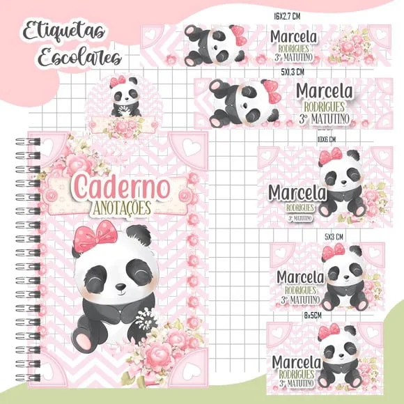 Caderno + Etiquetas + Tag Personalizada + Lápis ( Panda )