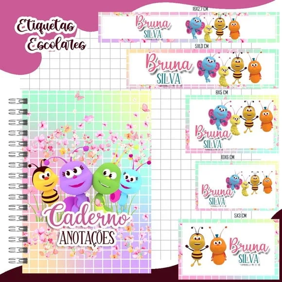 Caderno + Etiquetas + Tag Personalizada + Lápis ( Insetos)