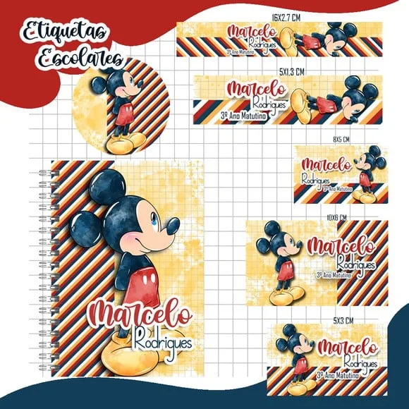 Caderno + Etiquetas + Tag Personalizada + Lápis ( Mickey )