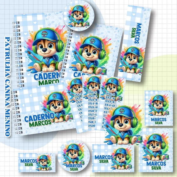 Caderno + Etiquetas + Tag Personalizada + Lápis Patrulha