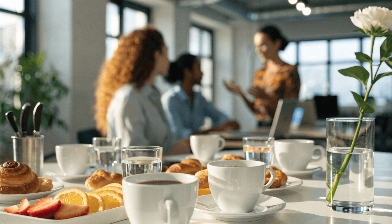 confraternização pequena em escritório com mesa de coffee break, xícaras e notebooks ao fundo (foto temática de festa corporativa)