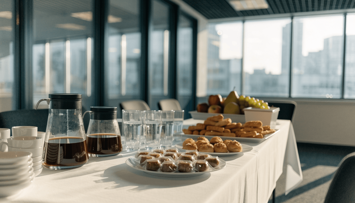 mesa de coffee break corporativo em escritório com café, água, salgados e doces (foto temática de evento de empresa)