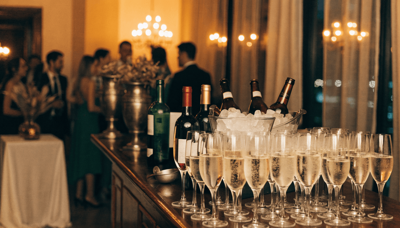 Bar de casamento com taças de espumante, garrafas de vinho e baldes de gelo com cervejas, em clima de festa à noite (foto temática, sem texto)