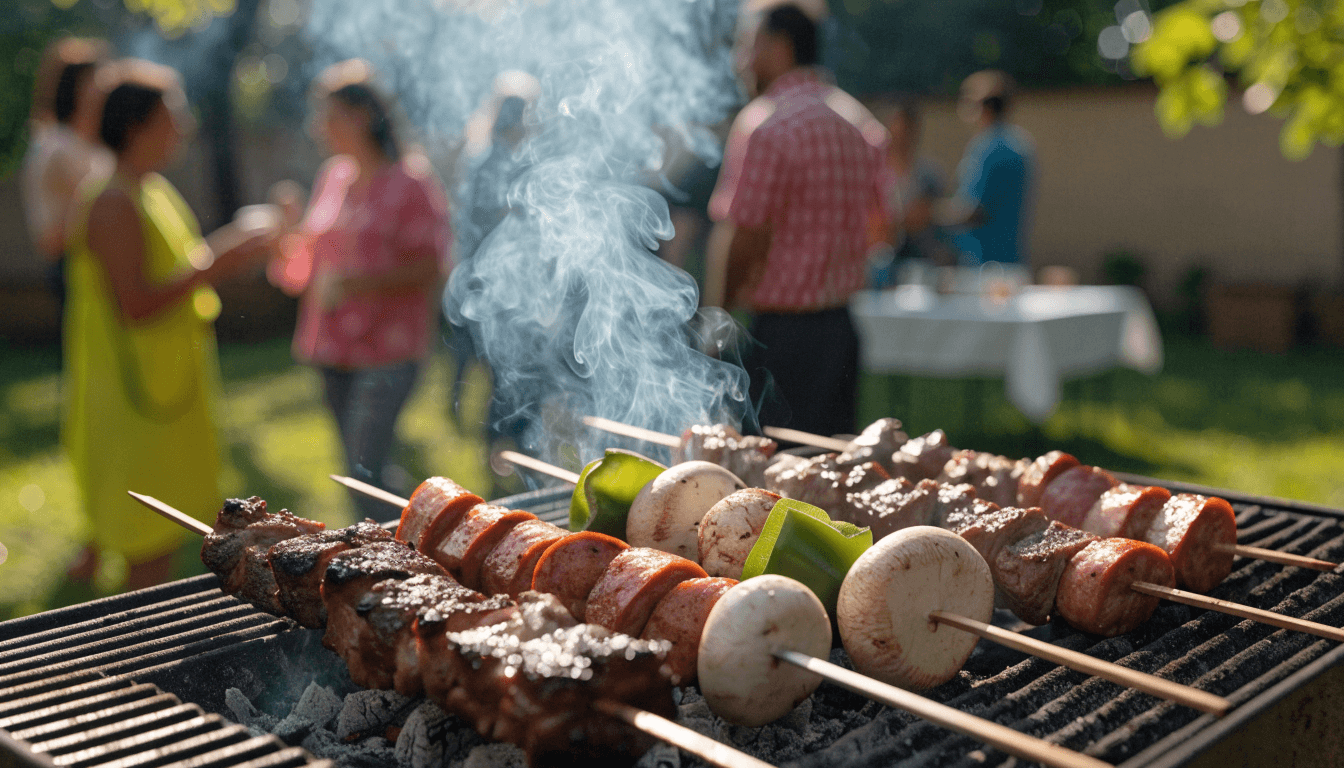 Churrasqueira com espetos de carne, linguiça e legumes em festa ao ar livre, convidados conversando ao fundo (foto temática, sem texto)