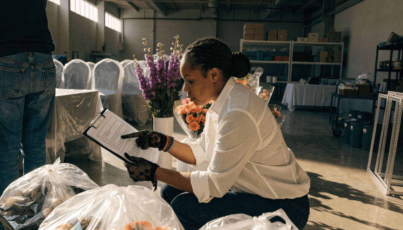 Decoradora conferindo lista de peças de decoração de festa em prancheta, com arranjos e mobiliário ao fundo (foto temática, sem texto)