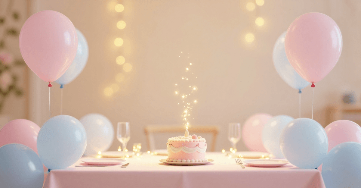 Mesa de festa pastel com bolo ao centro e brilhos dourados suaves flutuando acima, balões rosa e azul ao redor, atmosfera mágica e acolhedora.
