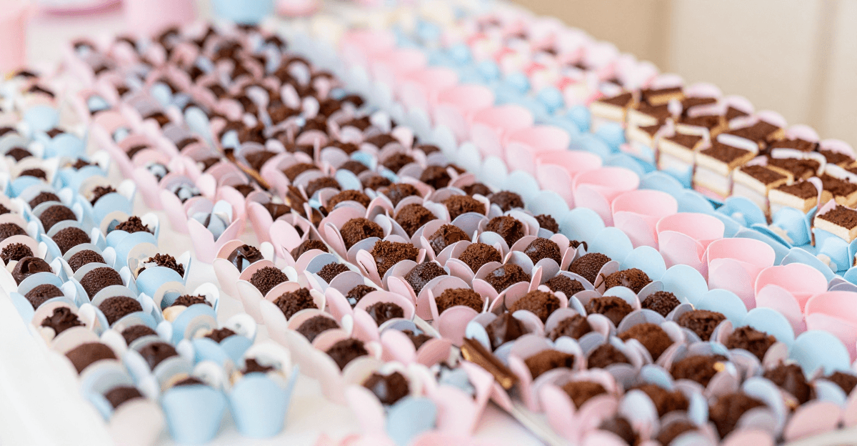 Mesa de doces com brigadeiros em forminhas rosa e azul organizados em fileiras iguais e fatias de bolo alinhadas.