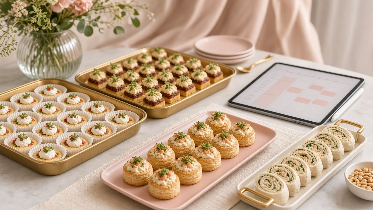 Mesa de buffet de festa com travessas e porções organizadas, celular ao lado mostrando vitrine digital em tom neutro, sem texto legível na tela.