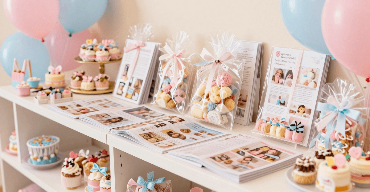 Estante de fornecedor de festa com catálogos, doces decorados, lembrancinhas embaladas e balões em tons pastéis de rosa e azul, estilo editorial.