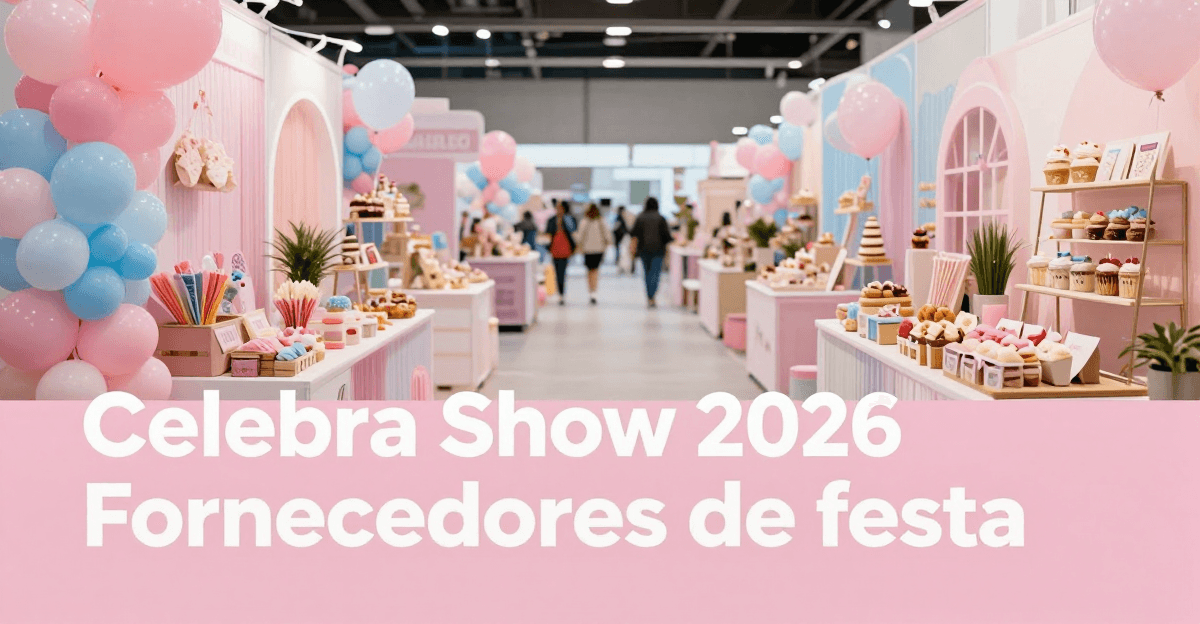 Capa com o texto "Celebra Show 2026" e "Fornecedores de festa" sobre corredor de feira com decoração pastel e balões, estilo editorial B2B.