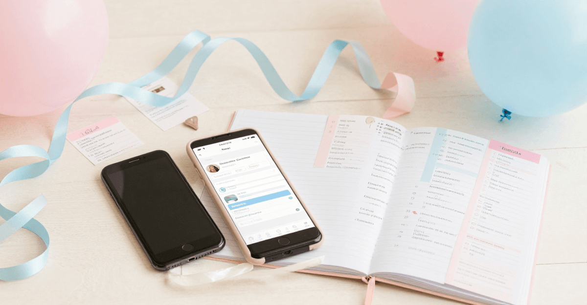 Celular e caderno de planejamento organizados sobre mesa clara, cercados por fitas e balões em tons pastéis de rosa e azul.