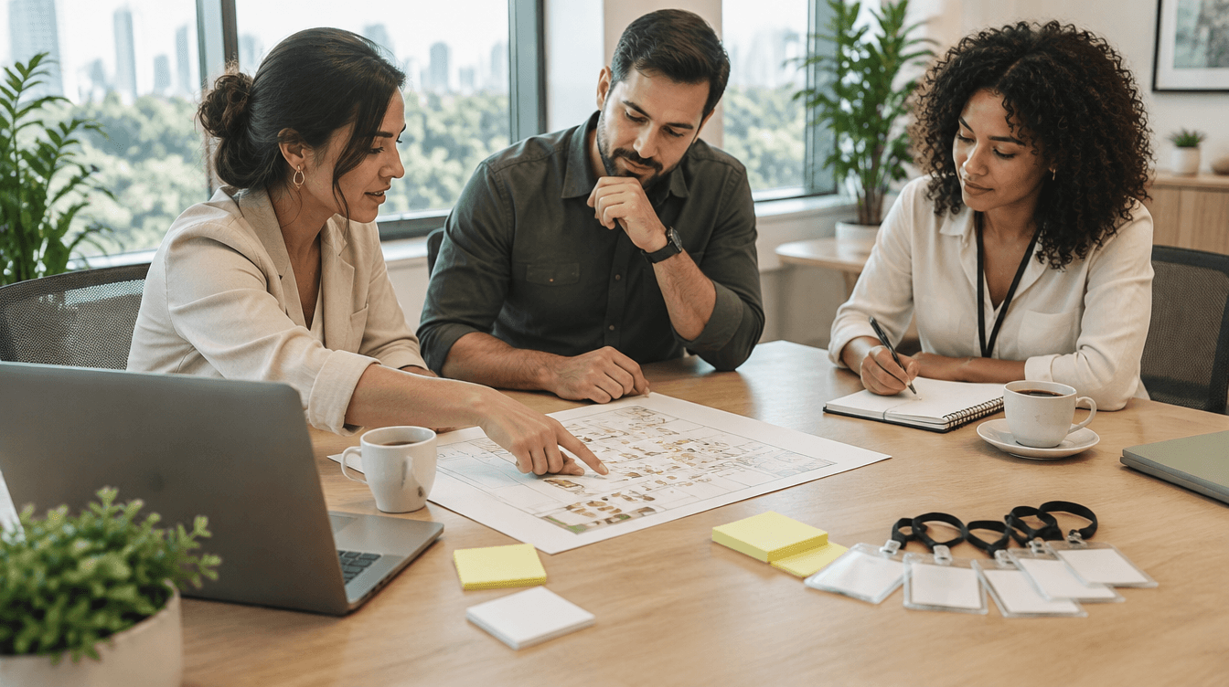 Equipe de RH e marketing reunida em escritório claro, planejando um evento corporativo sobre a planta do local, com blocos de anotação e crachás em branco.