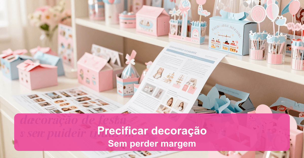 Capa editorial com mesa de festa decorada em tons rosa e azul claro, balões e painel ao fundo, estilo fotográfico acolhedor para fornecedores.