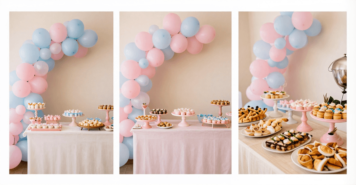 Tríptico editorial comparando três mesas de festa com doces, balões e salgados em tons pastéis, lado a lado.
