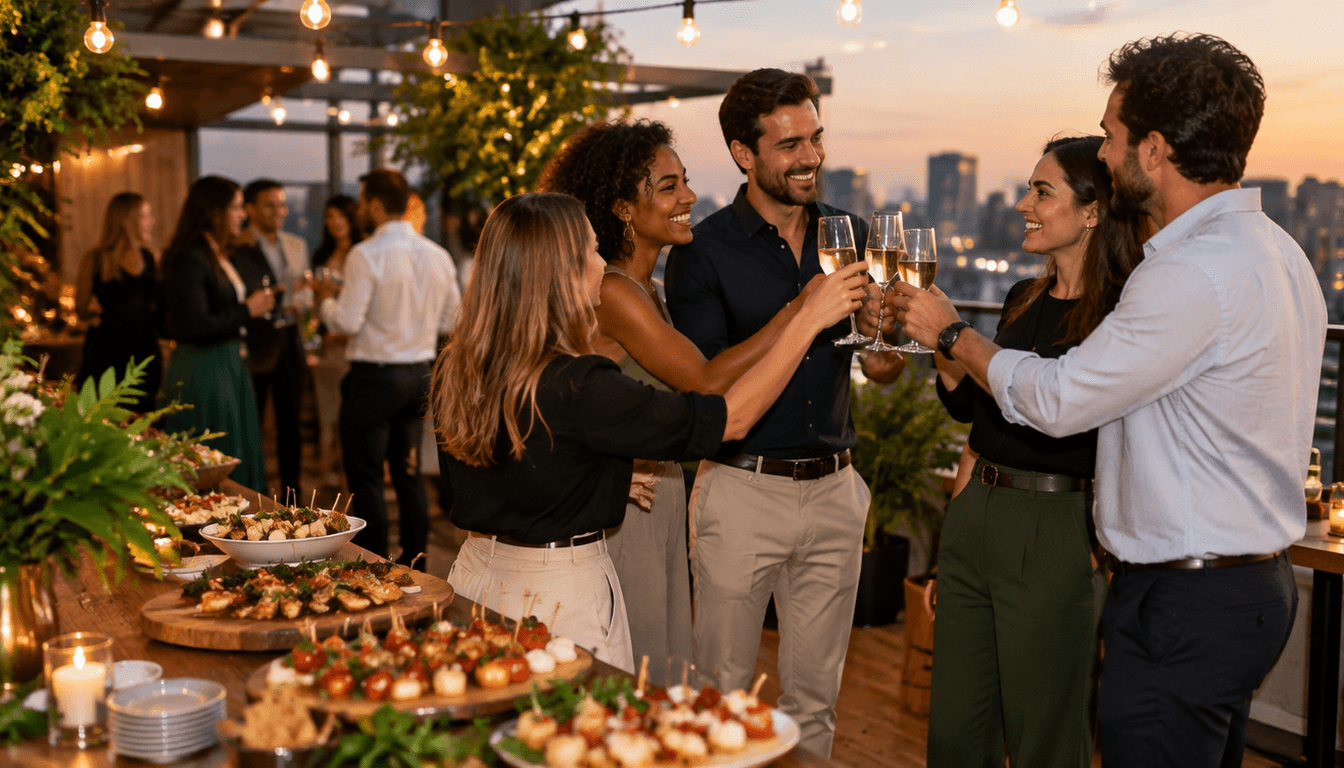 equipe de empresa brindando em confraternização de fim de ano, mesa com petiscos e luzes de festa ao fundo (foto temática)