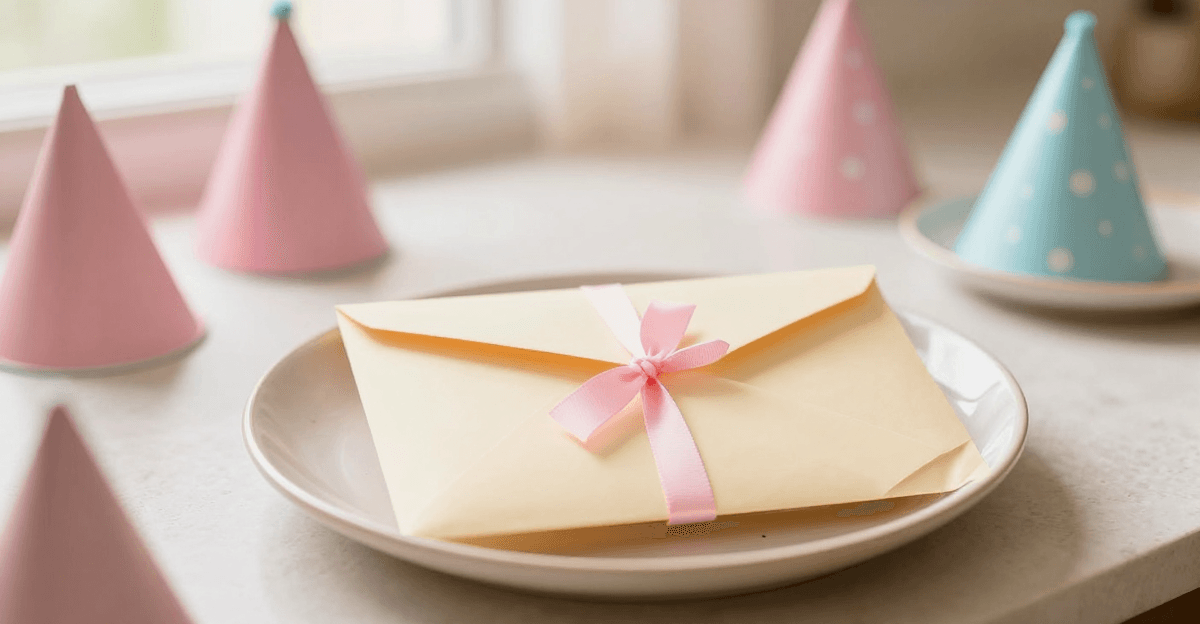 Envelope pastel fechado com laço rosa sobre prato de cerâmica, cercado por chapéus de festa em tons pastéis, com luz natural de janela.