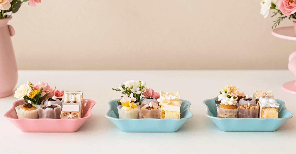 Três bandejas pastéis lado a lado sobre mesa branca, cada uma com amostras diferentes de doces, flores e bolo para comparação.