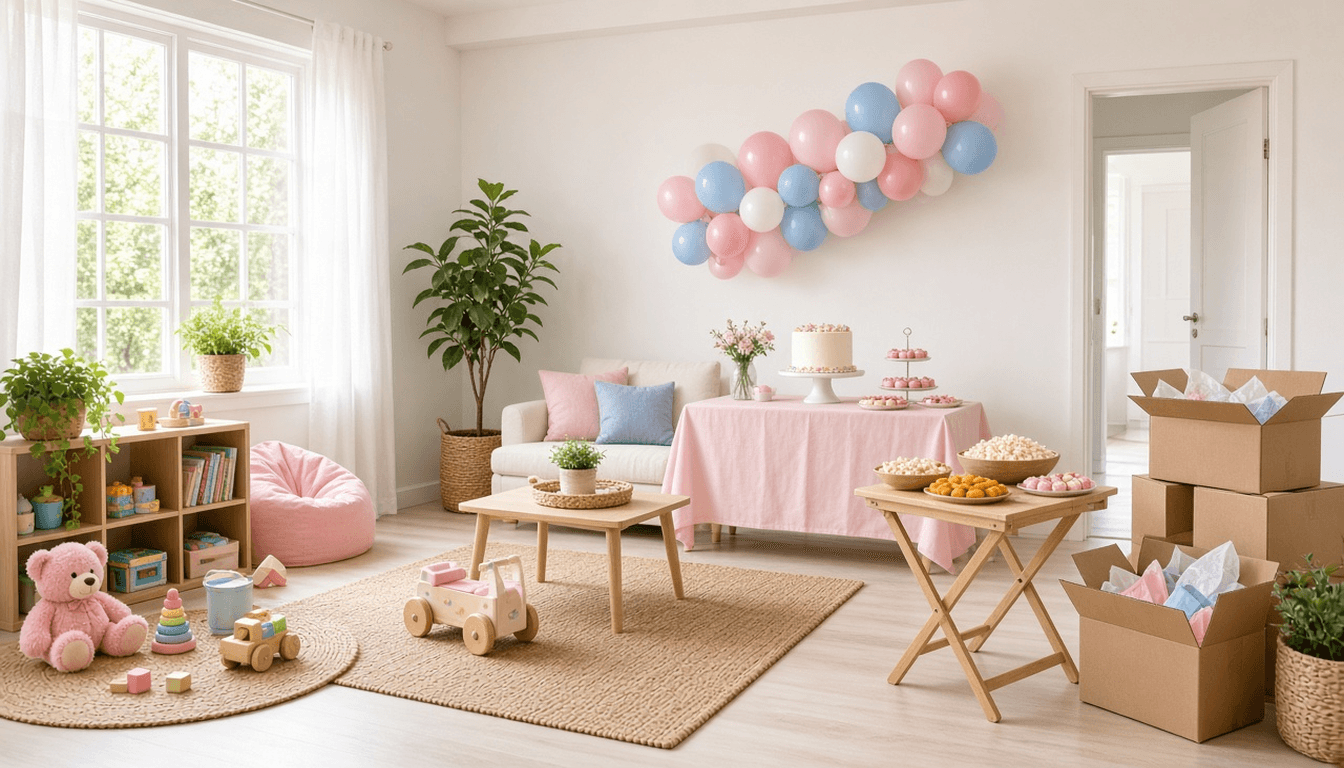 Sala de casa preparada para festa infantil, com mesa de bolo junto a uma parede lisa, balões e crianças brincando no tapete, luz natural, sem texto legível.