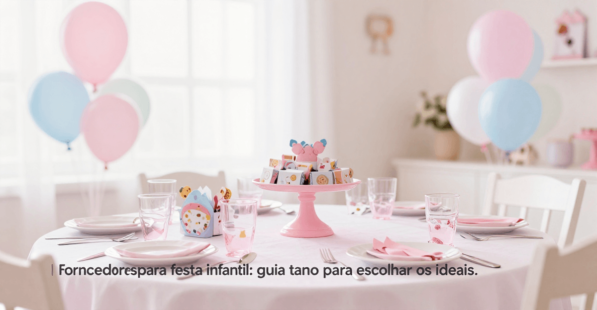 Mesa decorada de festa infantil com balões rosa e azul, bolo e doces, estilo fotográfico editorial, sem texto.