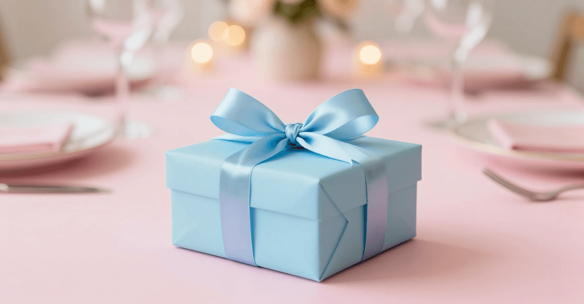 Caixa de presente azul claro com laço de cetim no centro de uma mesa de festa rosa pastel, com luzes douradas desfocadas ao fundo.