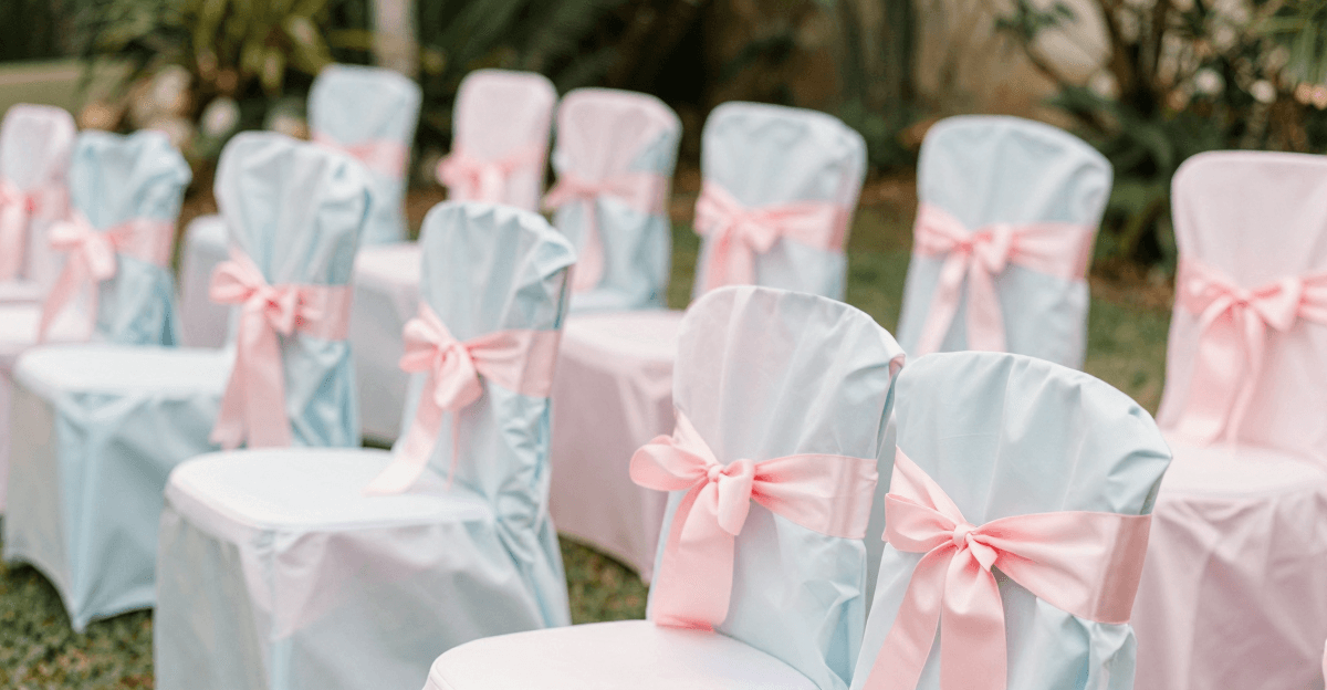 Fileiras de cadeiras com capas brancas e azuis e laços de fita rosa em festa ao ar livre, luz natural suave.