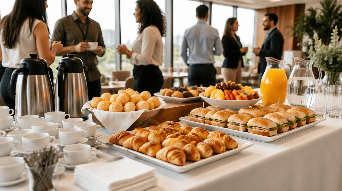 Mesa de coffee break corporativo com garrafas térmicas de café, xícaras, pão de queijo, croissants, sanduíches, frutas e sucos, com profissionais conversando ao fundo.