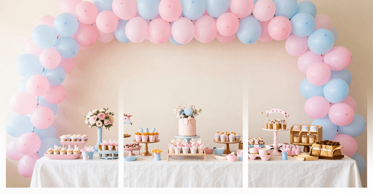 Arco de balões rosa e azul emoldurando mesa de festa com doces, bolo e lembrancinhas apresentados em três vitrines lado a lado.