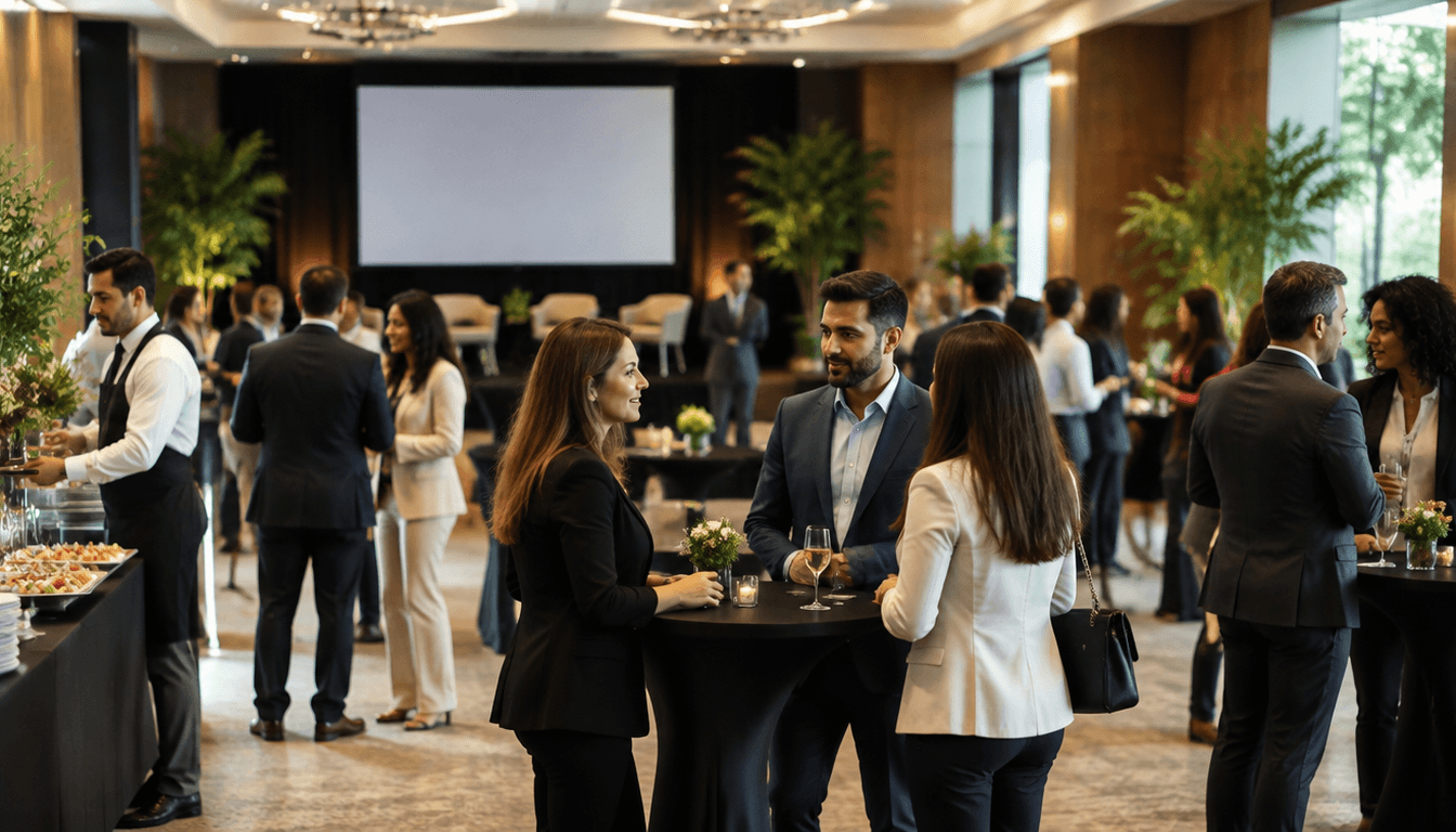 Coquetel de evento corporativo em salão com mesas altas, buffet e telão ao fundo (foto temática, sem texto)