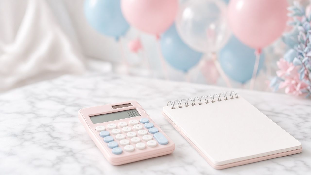 Mesa de festa infantil com bolo simples, balões pastel e calculadora ao lado de lista de orçamento, luz natural suave, sem texto legível.