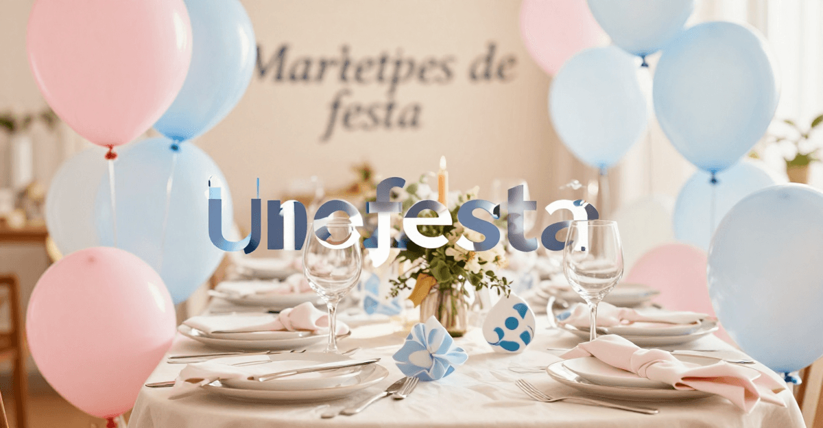 Capa editorial com mesa de festa decorada em tons rosa e azul claro, balões suaves ao fundo, estilo fotográfico acolhedor, sem texto.