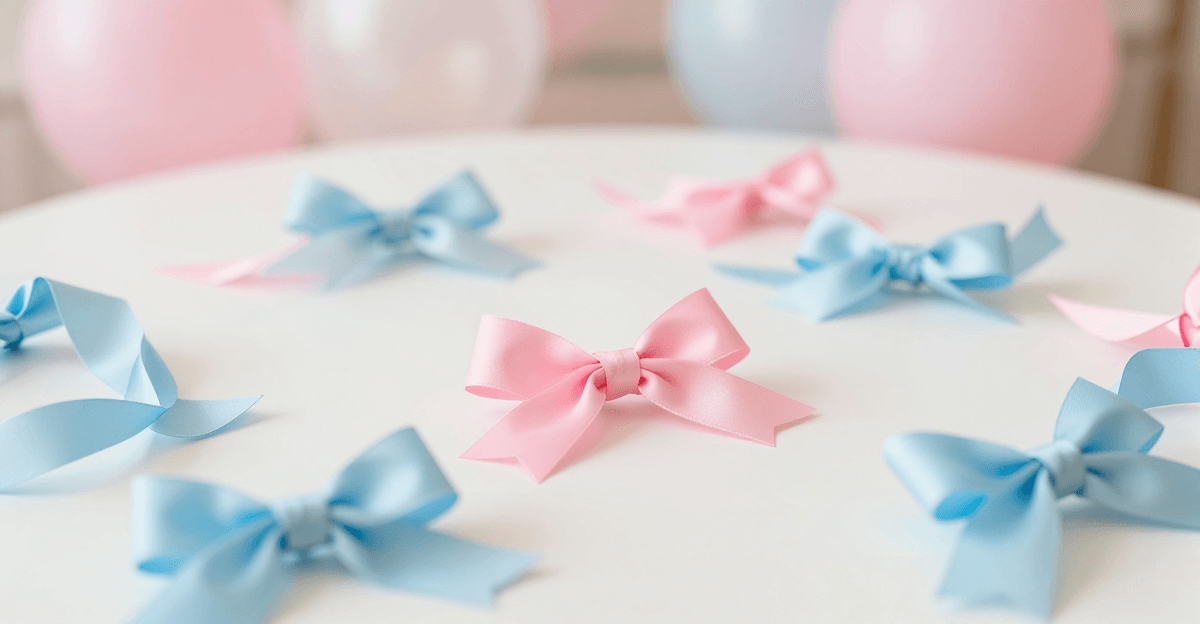 Laços de fita rosa e azul claro dispostos em grade sobre mesa branca, com um laço rosa em destaque e balões desfocados ao fundo.