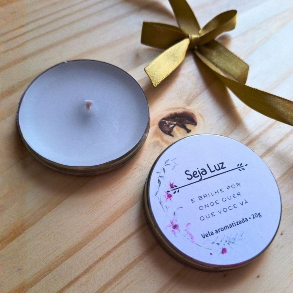 Vela Aromática em Latinha Personalizada para eventos religiosos SEJA LUZ